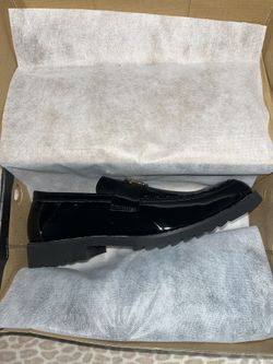 Elegant Black Dress Shoes with Gold Emblem — Brand New with Box 