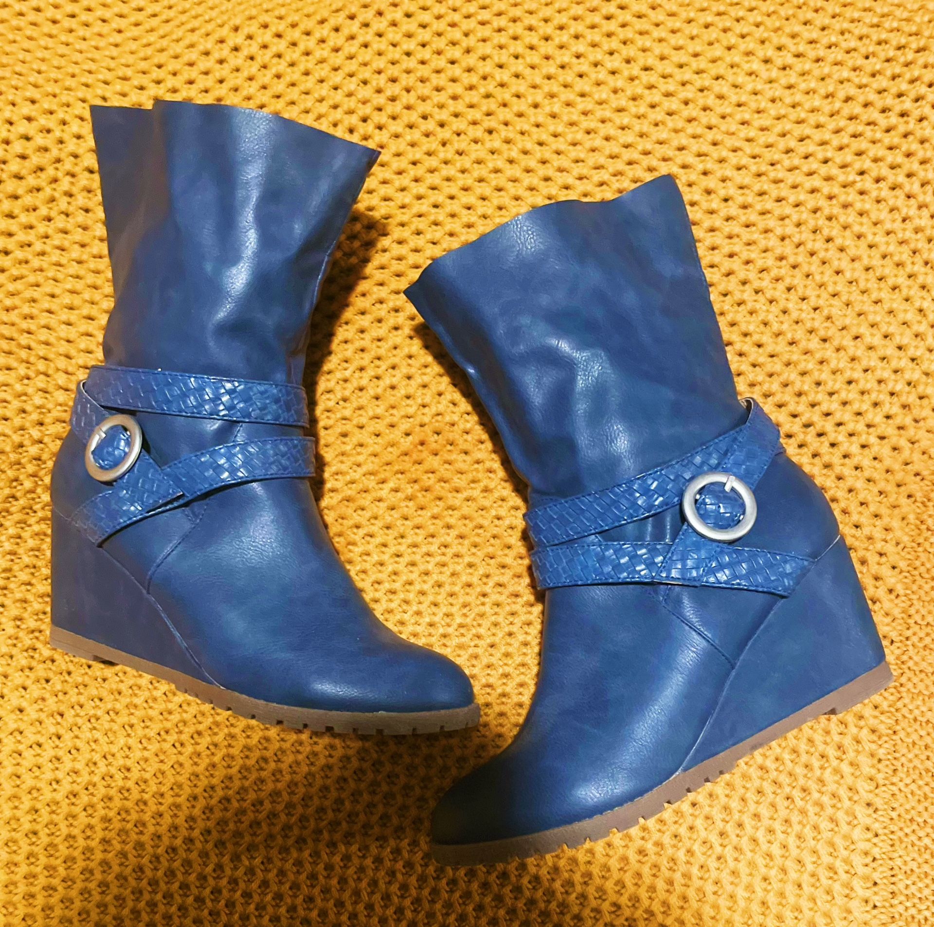 Blue Mid Calf Wedge Boots 8.5