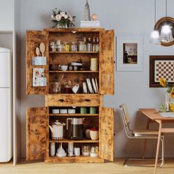 Kitchen Pantry Storage Cabinet 72.6" H, with Barn Doors, Drawer, 4 Adjustable Shelves, Freestanding Cupboard for Dining Room Living Room, Laundry, Vin