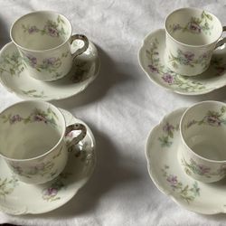 Set Of 4 Antique Porcelain Demi Tasse Cups  & Saucers