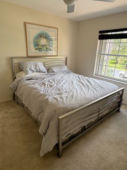 Modern Brushed Silver Metal Queen Bed Frame Headboard, Footboard & Steel Rails