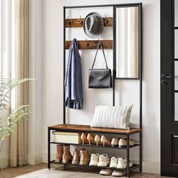 Coat Rack Shoe Bench with Mirror, Hall Tree with Bench and Shoe Storage Shelves, 13.8 x 38.6 x 70.9 in, Bedroom Living Room, Indust