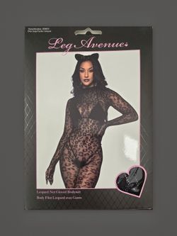 Leg Avenue Leopard Net Gloved Catsuit Black OS NIB 89891
