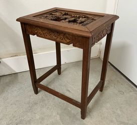 Vintage Asian carved side table/ lamp table with pierced figural relief panel , 20.5” tall