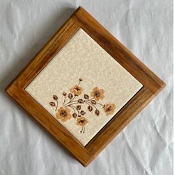 Vintage Wood Framed Ceramic Tile Trivet w/Orange Floral Design