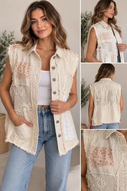 POL Boho Patchwork Lace Denim Vest M L XL Ivory