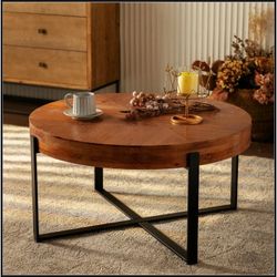 NEW 33.86"Modern Retro Splicing Round Coffee Table, Fir Wood Table Top with Black Cross Legs Base