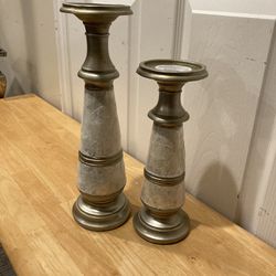 Awesome Set Of 2 Silver & Marbled Superwhite Pottery Barn Pillar Candle Holders!