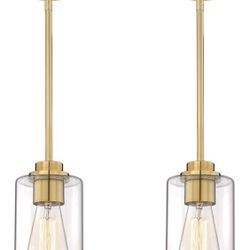 Brass Pendant Lights Kitchen Island 2 Pack, Farmhouse Gold Pendant Lighting with Clear Glass Shade, Mini Hanging Light Fixture for Kitchen Sink Dining