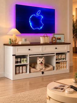 🔥White Farmhouse TV Stand for up to 65”tvs with Built-In Dog Crate & Storage. P-16