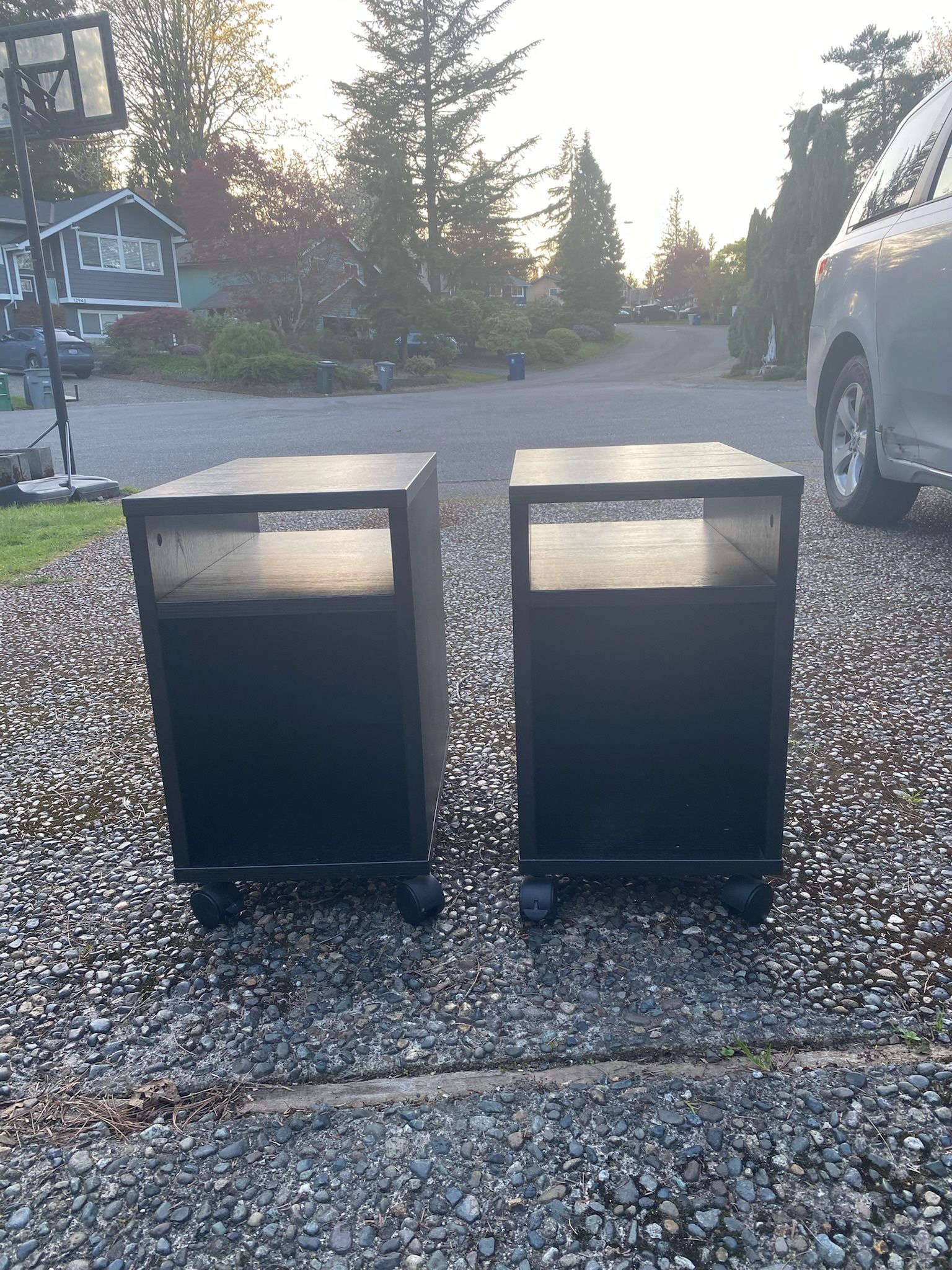 Black nightstand set/ desk shelf with wheels