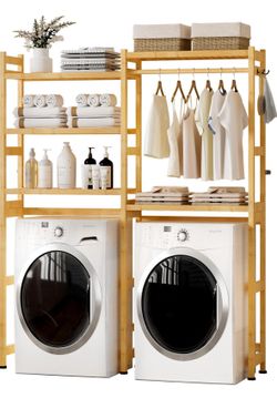 Over The Washer and Dryer Storage Shelf Bamboo,5 Tiers Laundry Room Drying Rack with Adjustable Shelves and 4 Hooks,Space Saver Organizer for Hanging 