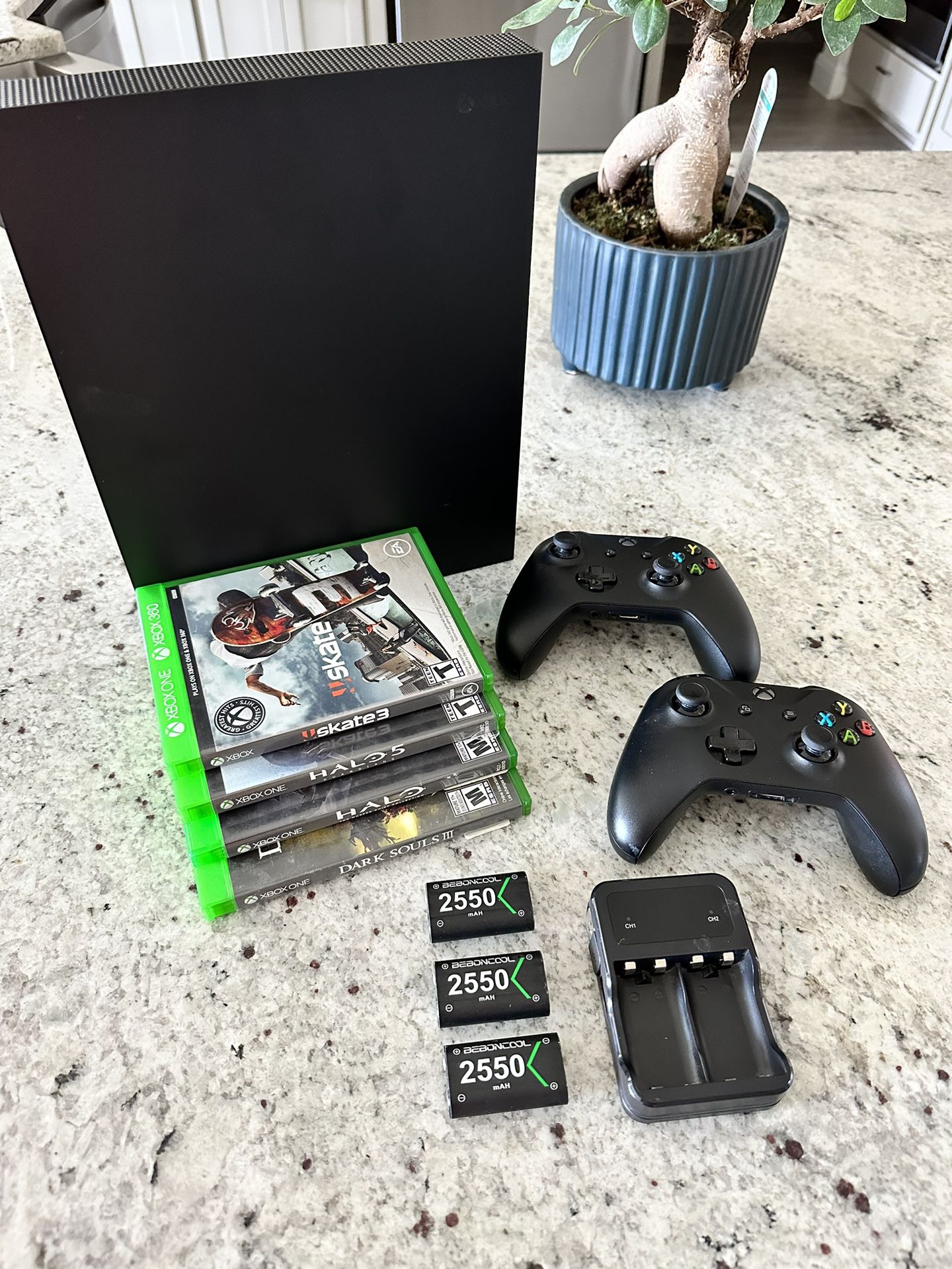 Xbox One X 1TB W/2 Controllers 4 Games 3 Batteries