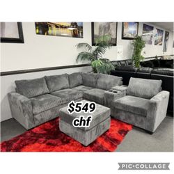 Black Friday Corduroy Sectional Sofa With Ottoman And Console + USB Port 