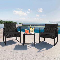 3 Piece Wicker Outdoor Patio Furniture Bistro Set, PE Rattan Chair w/Coffee Table, Small Modern Conv