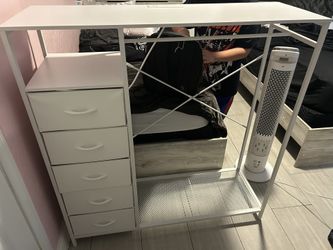 Modern White Clothing Rack & 5-Drawer Dresser Combo with Charging Station