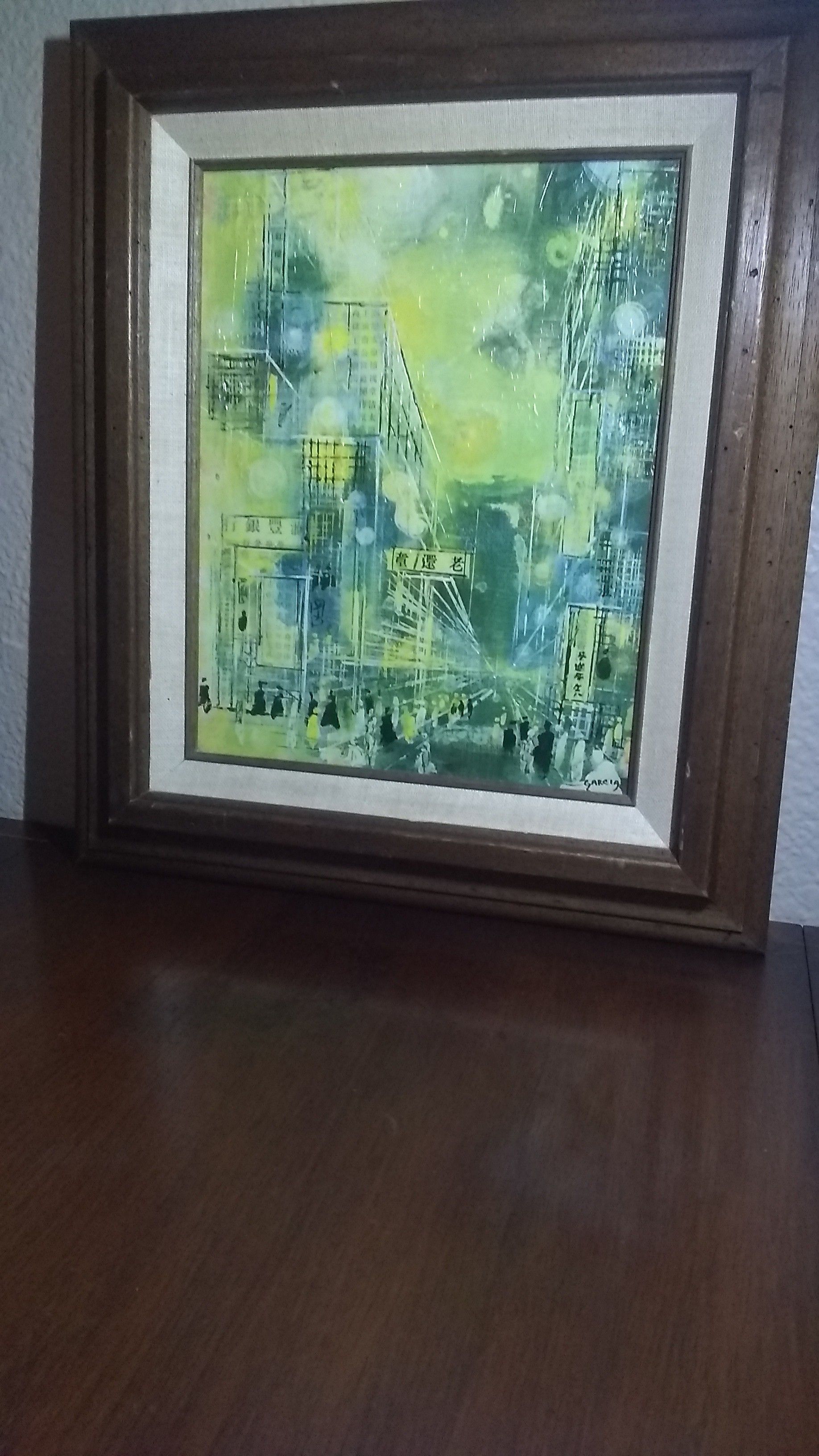 ABSTRACT OIL PAINTING "ORIENTAL PERSPECTIVES" #100, 1978. BY DANNY GARCIA. NICE WOODEN FRAME 14" H X 12" W.