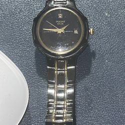 Pulsar Watch Women Solar Date Black Gold Stainless Steel Water Resistant Quartz