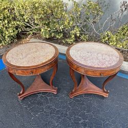 Beautiful Solid Wood Circle Marble End Table Vintage Antique Round Rare Mid Century 