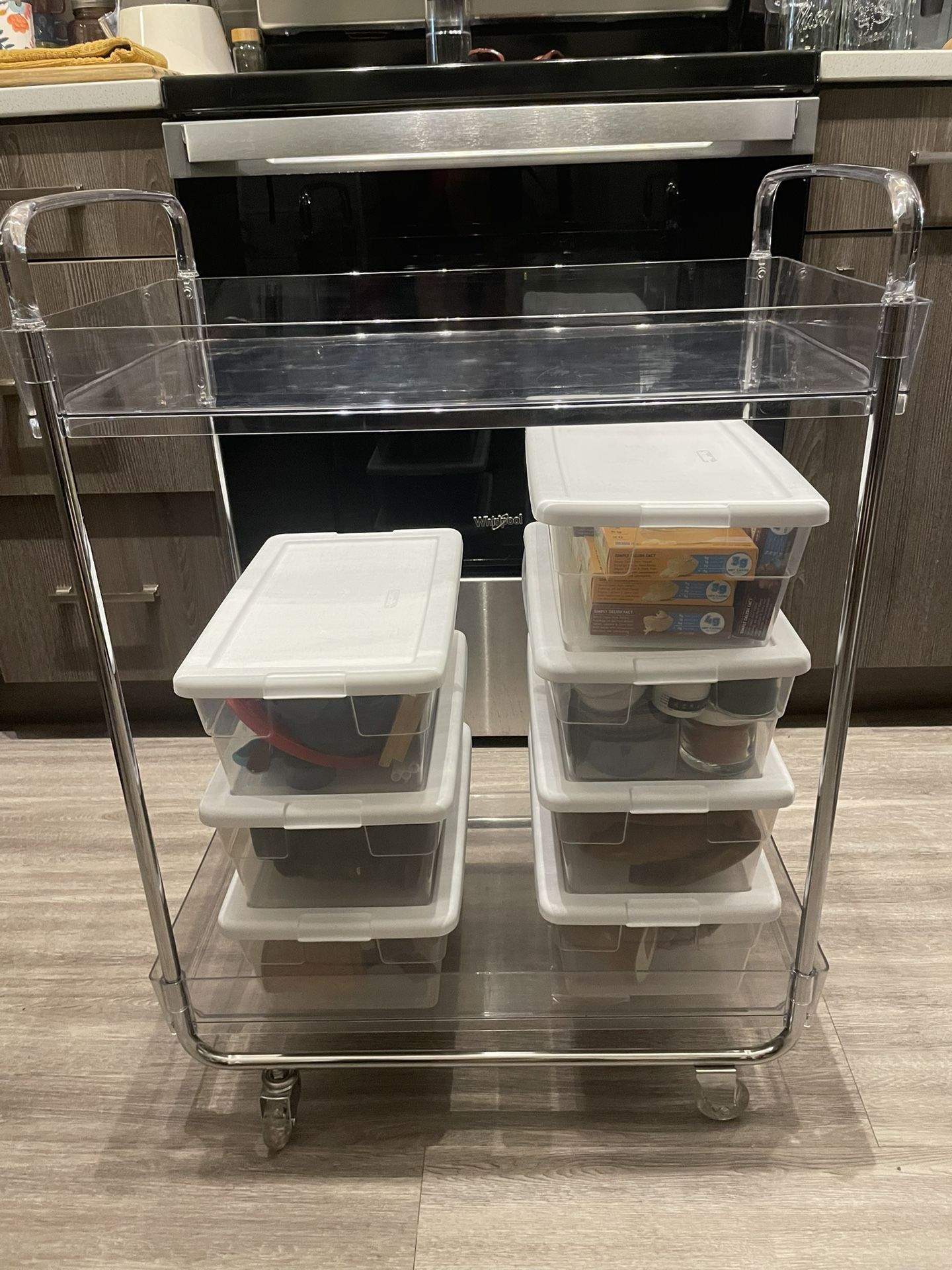 The Container Store Rolling Cart (plus organizer boxes)