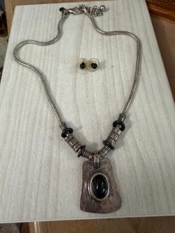 Juego collar aretes cadena fije piedra azabache joyería antigua