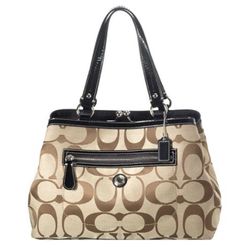 New COACH Tan Canvas Signature C Large Hobo shoulder Bag Purse Black Patent Straps