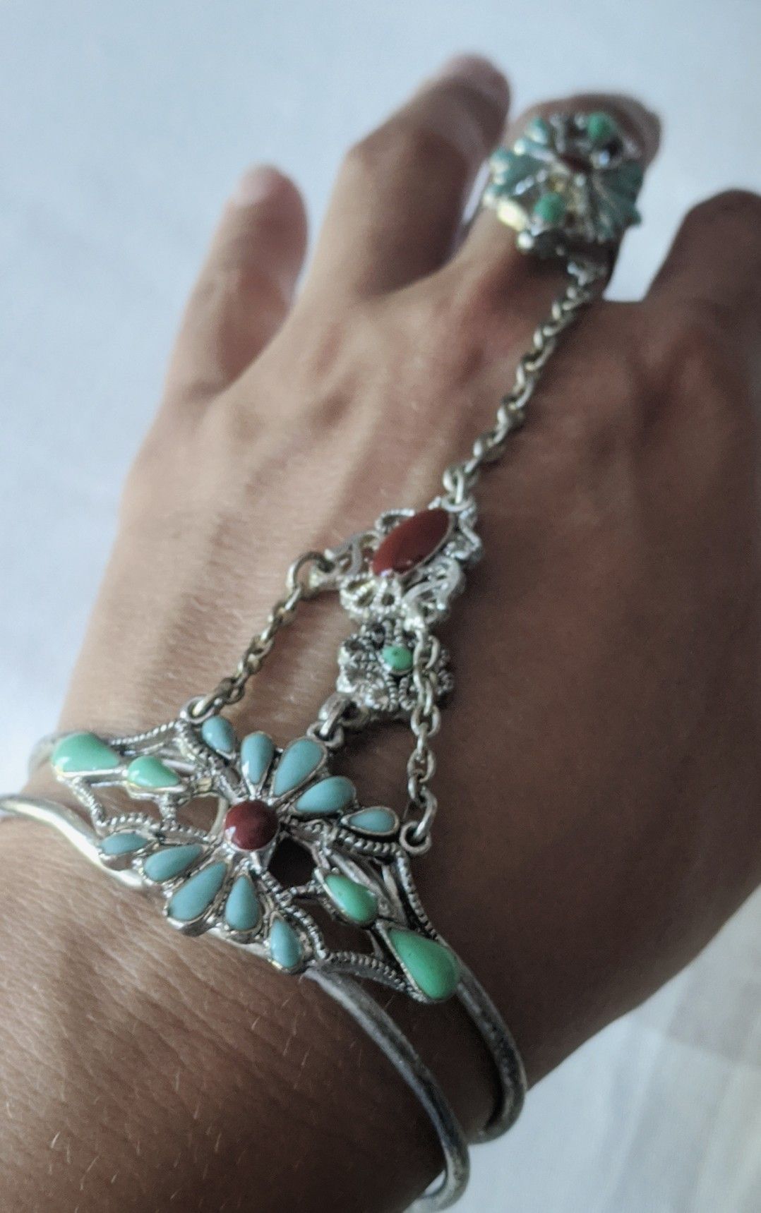 Boho silver bracelet and ring