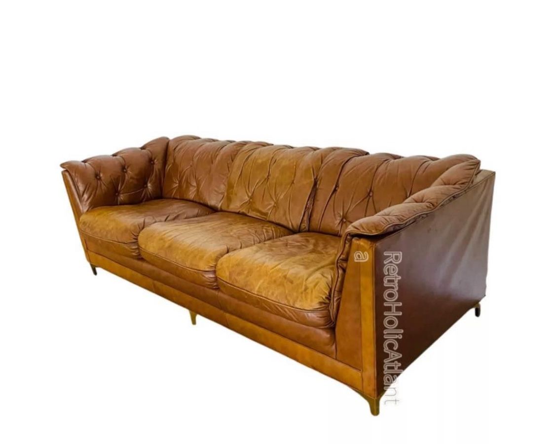Cognac Gen Leather mid century Modern Tuxedo Chesterfield sofa