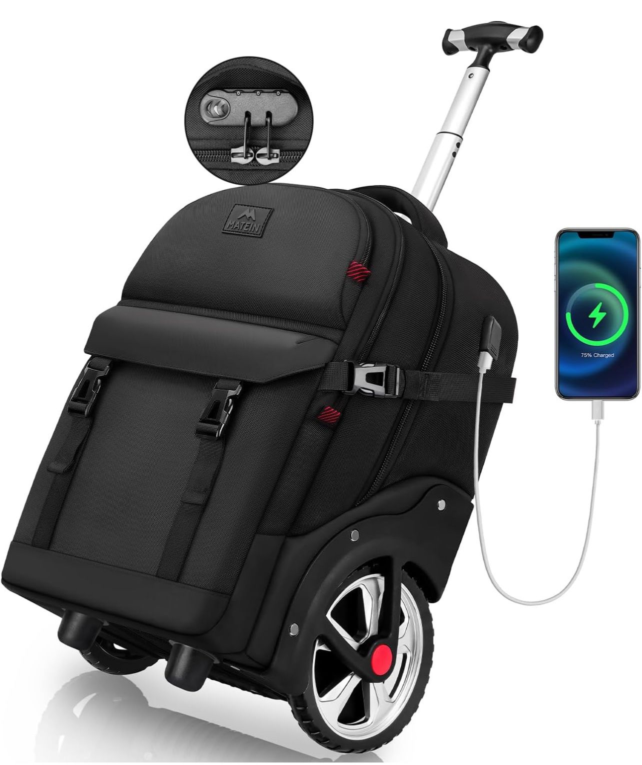 MATEIN Rolling Backpack for Adults with Wheels, 17 Inch Large Wheeled Backpack with USB Charging Port & Combination Lock, Water Resistant Anti Theft T