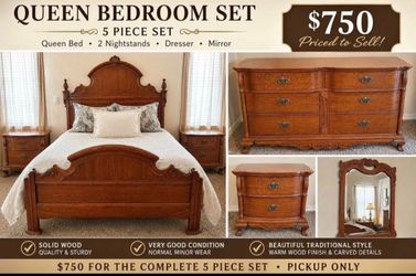 Queen Bedroom Set – 5 Piece Solid Wood