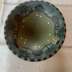 Vintage  Primitive Folk Art Heavy Wooden Bowl Hand-Painted Showing Sheep, Salt Houses