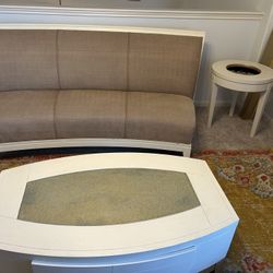 6ft Sofa, White And Gold Coffee Table With Side Drawers And 2 Wide Tables 