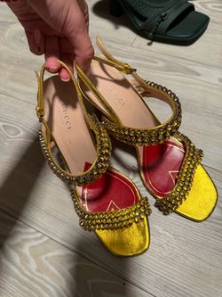 Gucci "Bertie" Crystal-Embellished Metallic Leather Sandals size 8.5