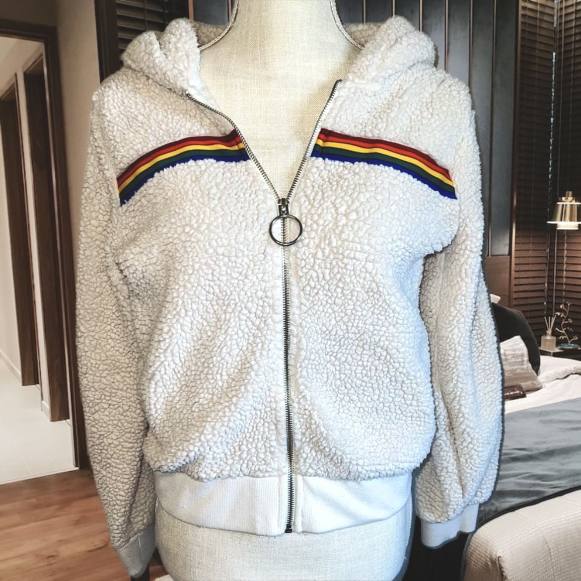 Beige Sherpa Urban Retro Striped Hooded Full Zip Sweater Teddy Jacket