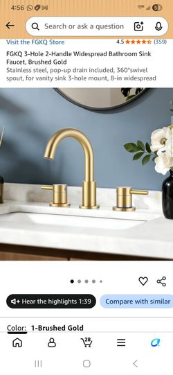 3-Hole 2-Handle Widespread Bathroom Sink Faucet, Brushed Gold
Stainless steel, pop-up drain included, 360°swivel spout, for vanity sink 3-hole mount, 