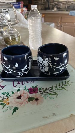 Navy Blue Floral Ceramic Planter Set with Tray