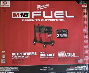 Milwaukee M18 FUEL wet/dry vacuum kit has a 9-gallon kit with Batteries and Dual Charger