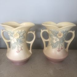 TWO Vintage HULL ART Pottery double handled Vases