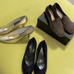 Collection of three new designer women’s shoes.  Andrea Carrano leather loafers.  