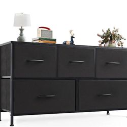 Black Dresser for Bedroom Furniture with 5 Drawers, Wide Chest of Drawers, Fabric Dresser with Storage Drawers for Closet, Living Room, Hallway, Charc