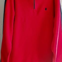 Izod Sweatshirt Mens L Fleece 1/4 Zip Red Logo Pullover Drawstring Bottom Gorp