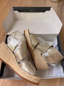 Eileen Fisher Suede Leather Gold Metallic Espadrille Platform Sandals New US 7