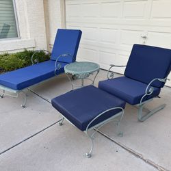 OW Lee Vintage Wrought Iron Chaise Lounge Chair, Patio Chair, Ottoman, & Side Table