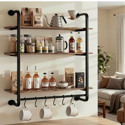 3 Tier Industrial Floating Tube Rack,  With towel bar and 6 hooks, coffee bar shelves, wall shelf for kitchen, bathroom, home decor