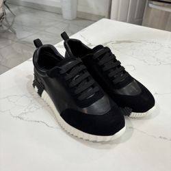 HERMÈS Bouncing Black White Leather Lace Up Men's Sneakers Size 44EU