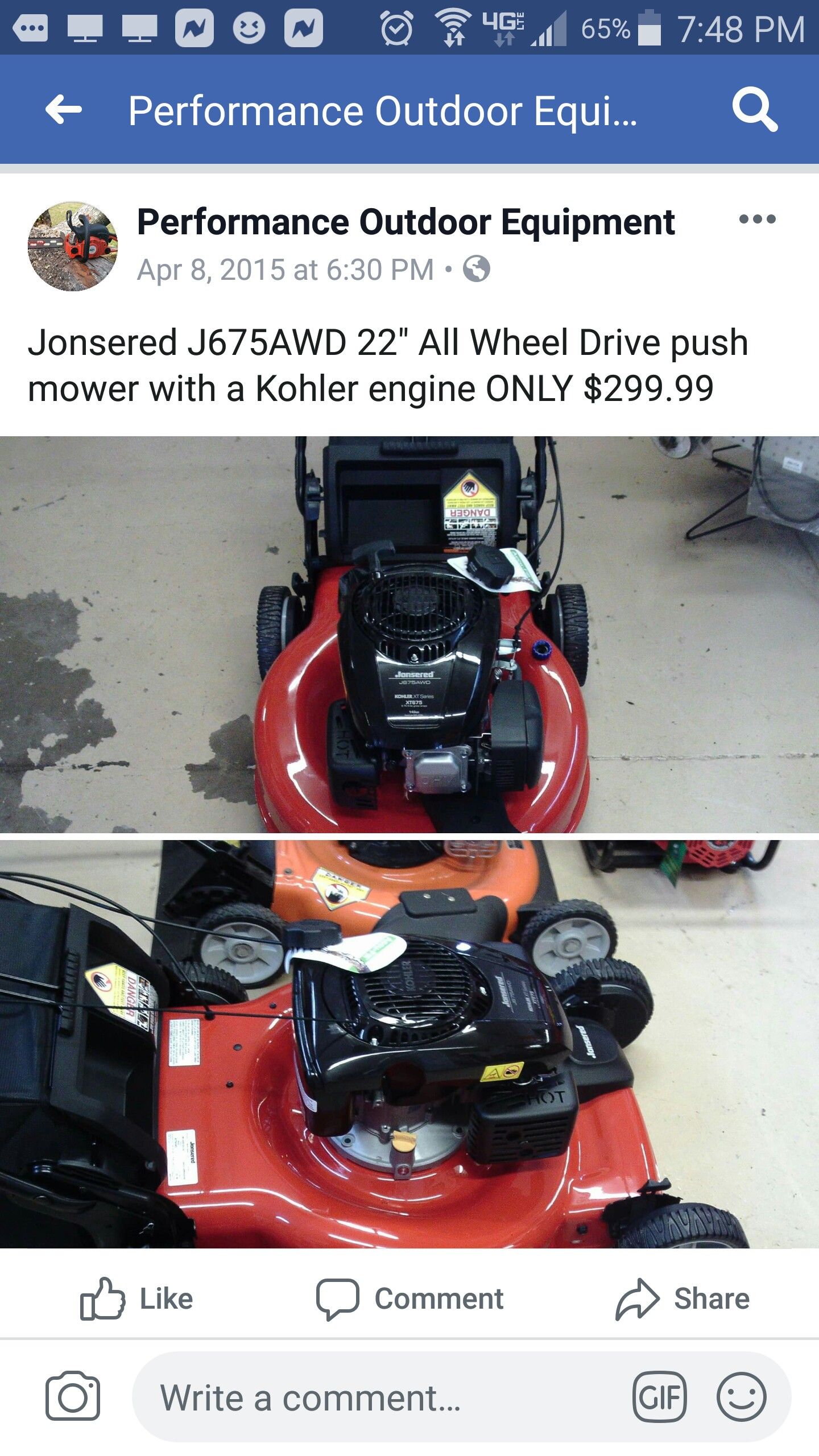 Jonsered lawn mower j675awd sales