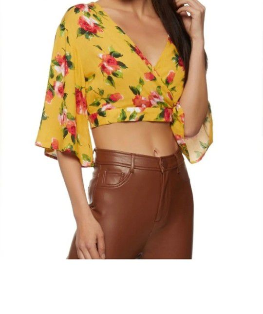 Ambience Yellow Floral Crop Top Flare Sleeves Wrap