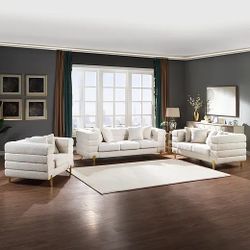 Brand New Modern Glam 3 Piece Sofa Set Include Loveseat & Chair  Velvet Or Boucle Or Mix And Match Pick Any Color Black Beige White Grey Or Royal Blue