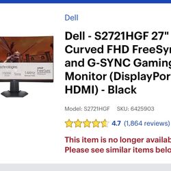 27 Inch Dell Curve Monitor LED FreeSync & G-Sync Gaming