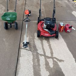 Gasoline Toro Lawn Mower, Echo Weed Eater, Seeder, and Gas With Gas Tank